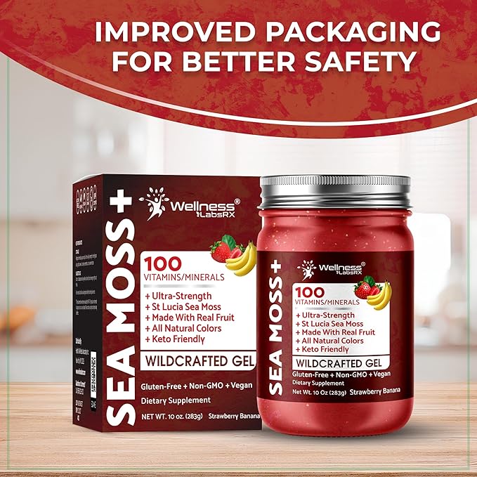 Irish Sea Moss Gel Raw - Wildcrafted Superfood Seamoss Gel - Strawberry Banana Flavor, Vitamin and Mineral-Rich from Pristine Caribbean Waters, Immune and Digestive Health Support - 10 oz.