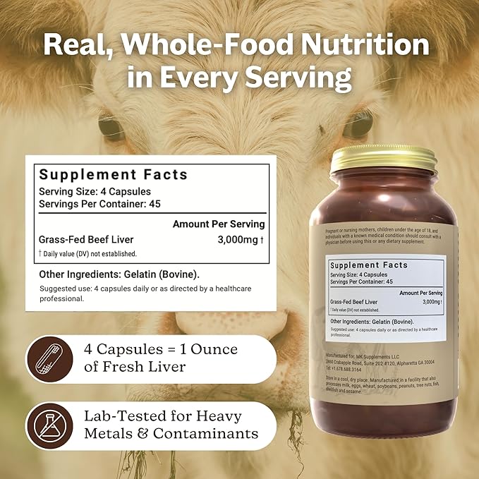 MK Supplements – Grass Fed Beef Liver 3000 mg, Freeze-Dried Beef Liver Capsules, 100% Pasture-Raised in New Zealand, 180 Liver Capsules, 45-Day Supply