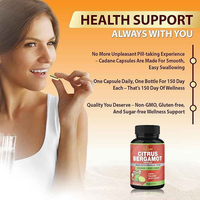 Organic Cadane Citrus Bergamot Supplement Capsules with Berberine, Olive, Guggul, Garlic, Pine Bark, Black Pepper - 150 Caps for 5 Months Supply