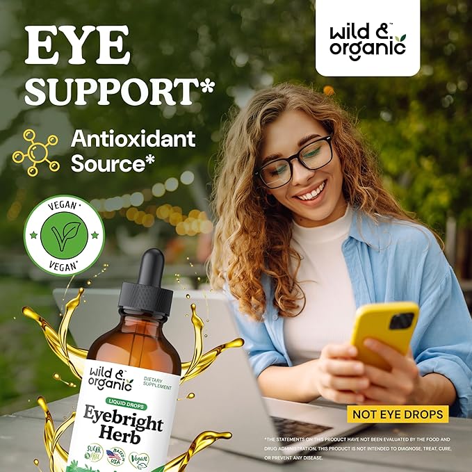 Wild & Organic Eyebright Herb Tincture - Vision Support with Euphrasia Extract - Dietary Eyebright Drops 500 mg - Vegan, Sugar & Alcohol-Free Liquid Supplement - 4 fl oz
