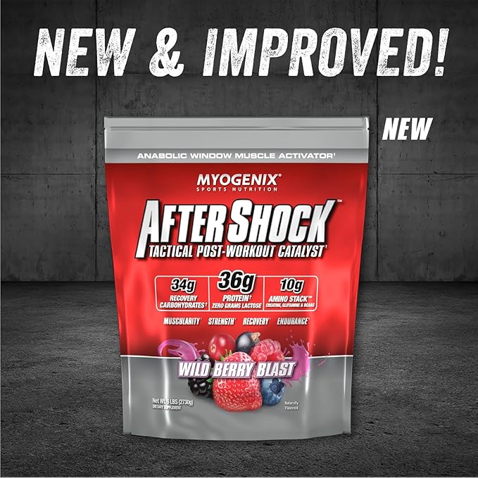 Myogenix Aftershock Post Workout — Muscle Growth Whey Protein Powder — Speeds Up Muscle Growth and Recovery — Supports Joint Health and Replenishes Glycogen — Wildberry Blast, 6 lbs