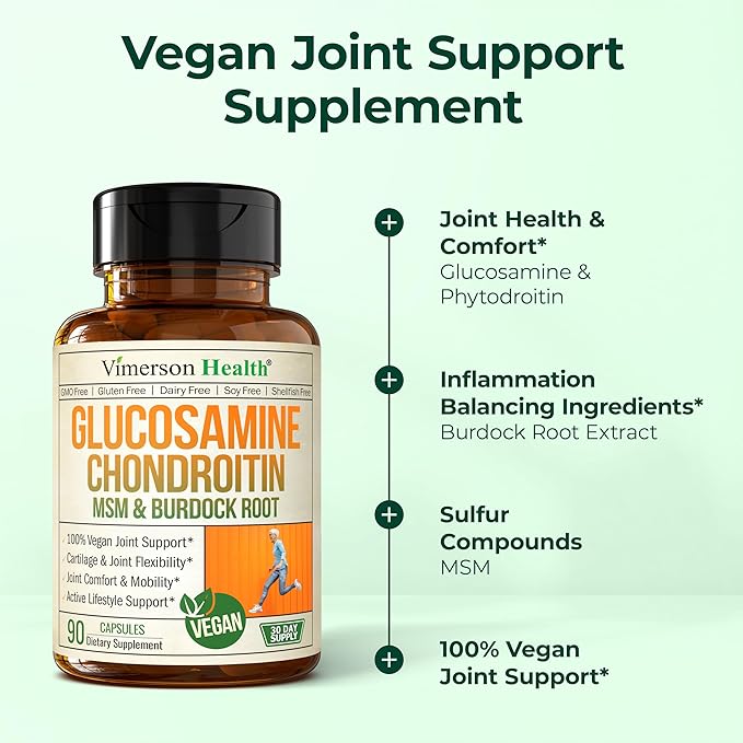 Vegan Glucosamine Chondroitin MSM - 100% Vegan Joint Support Supplement for Women & Men with Burdock and Glucosamine Sulfate 1500 mg. Used for Cartilage and Joint Health and Flexibility - 90 Capsules