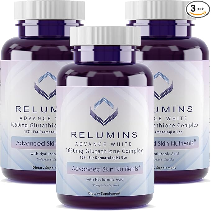 Relumins 1650mg L-Glutathione Complex with Hyaluronic Acid, Alpha Lipoic Acid, Rose HIPS, Vitamin E & Riboflavin – Antioxidant Support, Skin Hydration & Wellness – 90 Veggie Capsules x 3 Bottles
