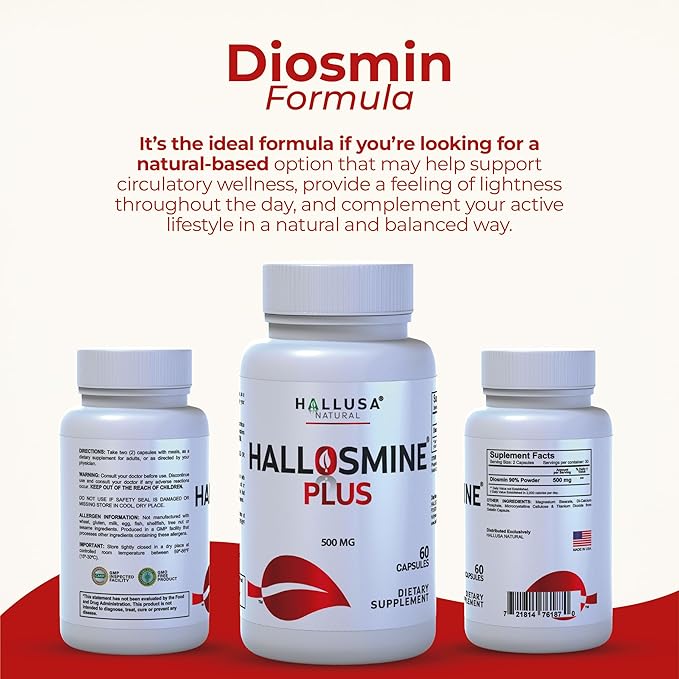 Hallosmine Plus Diosmin 500mg, Varicose Veins, Leg Circulation Supplement, Heavy Legs, Diosmin Circulation Support, Lymphatic Drainage & Blood Circulation Supplement - 60 Caps