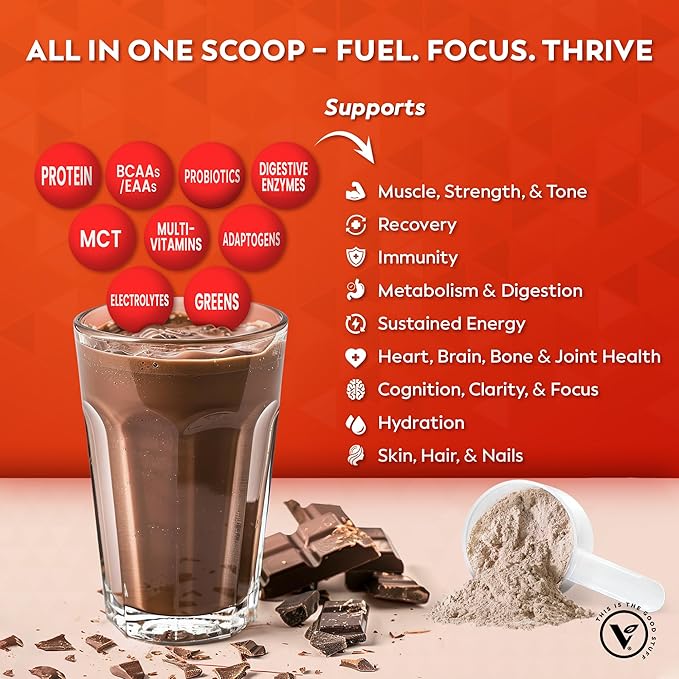 Veeg All in One Protein Smoothie Powder – Plant Based Protein, Vegan Collagen, MCT Oil Organic, Multivitamin, Greens Superfood Powder, Meal Replacement, Probiotics, Sugar Free,15 Servings (Chocolate)