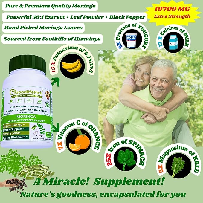 Premium Moringa Capsules. with Black Pepper from Handpicked Moringa Leaves with 50:1 Extract & Moringa Powder for Overall Wellness 90ct AllNatural NonGMO Lab-Tested No Rice Powder No Filler Vegan