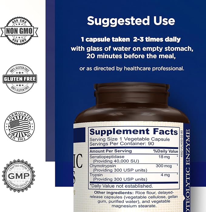 Proteolytic Enzymes 3X - Trypsin, Chymotrypsin & Serrapeptidase - Reduces Edema & Irritation from Tissue Injury - Supports Body Wellness & Recovery - Dietary Supplement - 90 Capsules