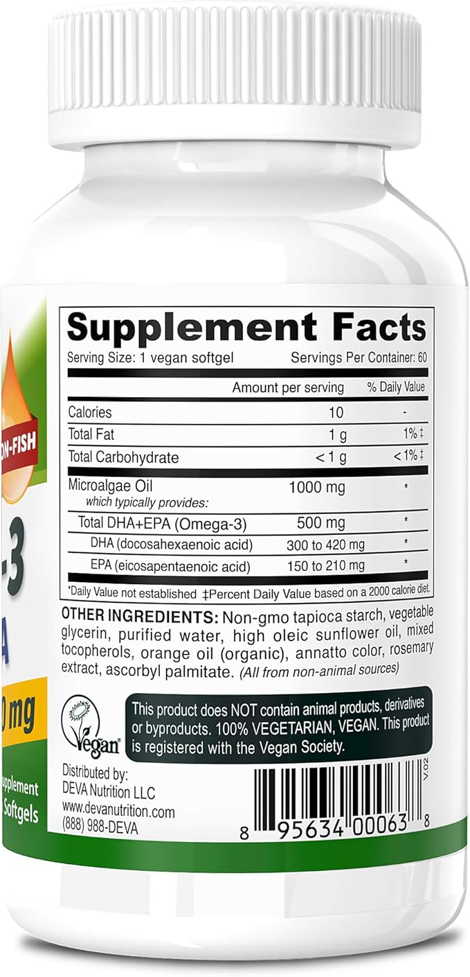 DEVA Vegan Omega-3 DHA-EPA 500MG – No Carrageenan, Non-Fish Oil Derived from Algae, Non-GMO, 60 Gelatin-Free Softgels