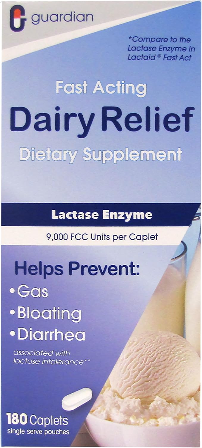Guardian Dairy Relief Fast Acting Lactase, 360 Caplets, 9000 FCC Maximum Strength, Lactose Intolerance Pills, Lactase Enzyme Supplement (360 CT)