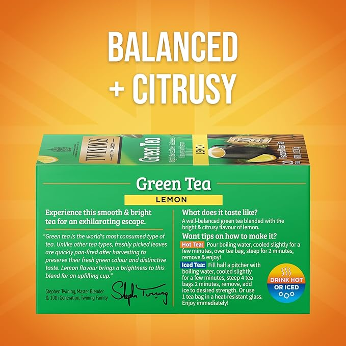 Twinings Green Tea with Lemon Individually Wrapped Bags, 20 Count (Pack of 6), Zesty Citrus Aroma & Flavour, Caffeinated, Enjoy Hot or Iced, 120 Teabags
