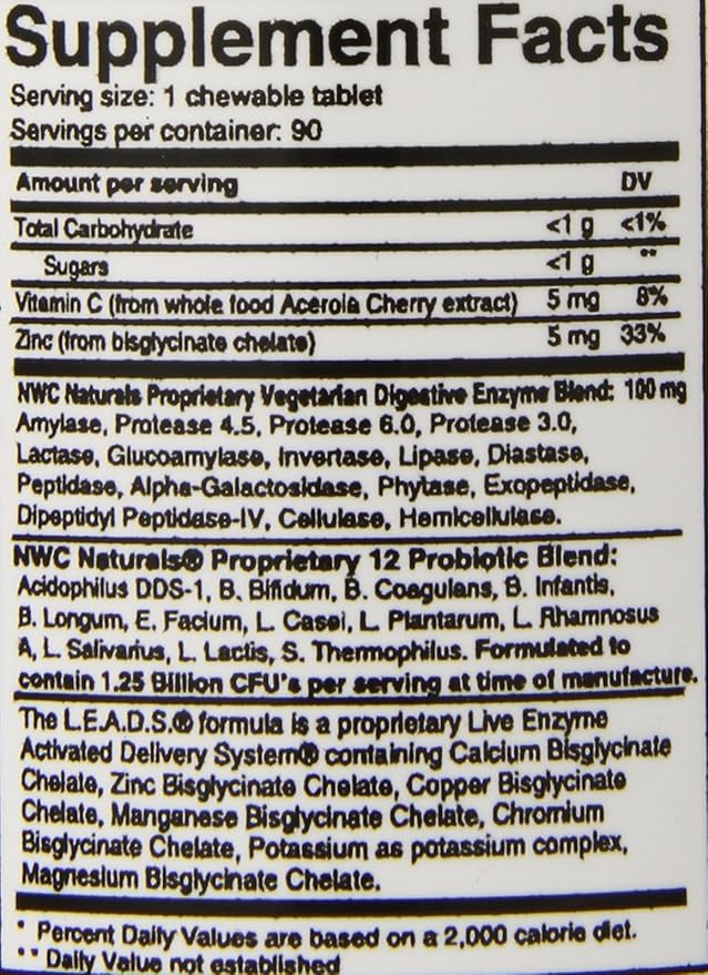 NWC Naturals Belly-Ease Healthy Digestive Enzymes Plus Prebiotics & Probiotics, Essential Enzymes, Vegetarian, Better Digestion, Full Spectrum Digestive Solution - 180 Count Chewable Tablets