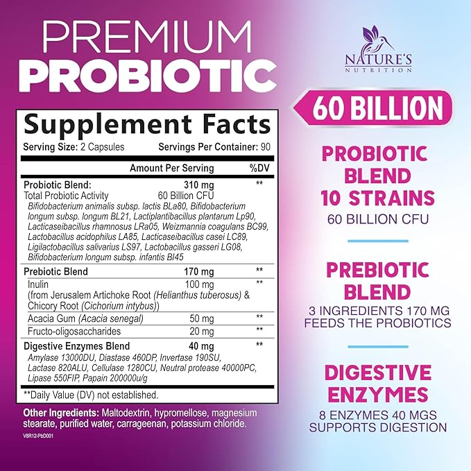 Probiotics 60 Billion CFU per Serving - 10 Strains + Prebiotics - Digestive Health, Gut & Immune Support - Supports Occasional Constipation, Gas & Bloating for Women & Men Shelf Stable - 180 Capsules