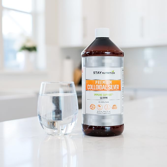 Premium Colloidal Silver Liquid 50PPM | Immune Support True Hydrosol Water Solution with Pure Plant Based Natural Minerals | Bioactive Nanoparticles Sol for Men, Women, Kids, (32 Oz)