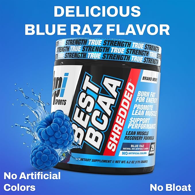 BPI Sports Best BCAA Shredded - Caffeine Free Thermogenic Recovery Drink, Lean Muscle Building BCAA Powder for Women and Men, Preworkout BCAAs Amino Acids Drink- Blue Raz - 25 Servings