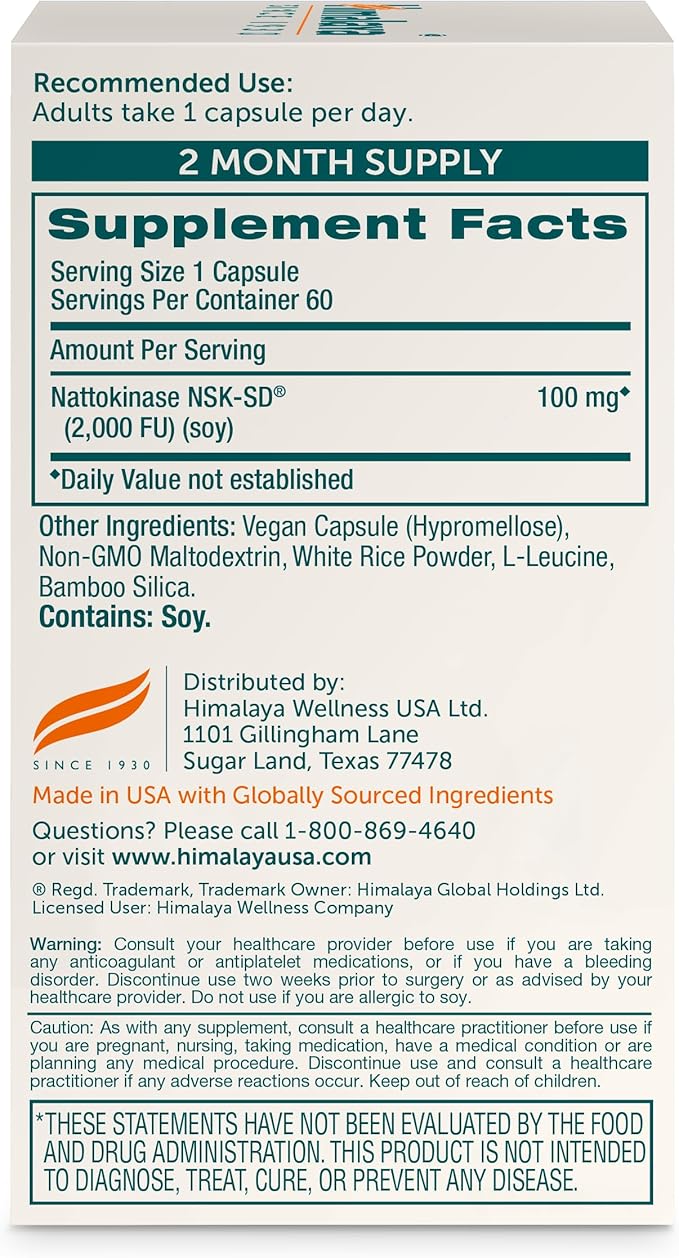 Himalaya NSK-SD Nattokinase, 2000 FU, Dietary Supplement for Healthy Circulation, Vegan, Gluten Free Natto Extract, 100 mg, 60 Capsules Current Value - Himalaya NSK-SD Nattokinase Capsules, 60 CT