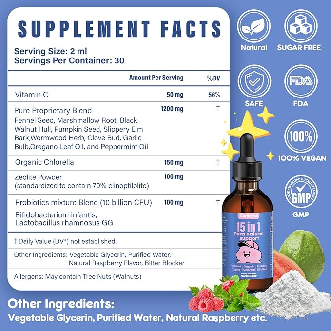 Parasite Cleanse for Humans & Kids,Parasite Cleanse for Children,Zeolite Detox Liquid Drops,Candida Cleanse & Wellness Formula,Contains wormwood black walnut clove,Chlorella,Oregano,2 Fl Oz