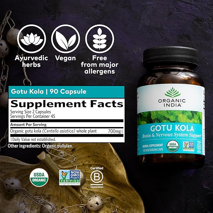 Organic India Gotu Kola - Centella Asiatica Herbal Supplement - Adaptogen for Brain & Nervous System Support, Vegan, Gluten-Free, USDA Certified Organic, Non-GMO, Calming, Mental Clarity - 90 Capsules