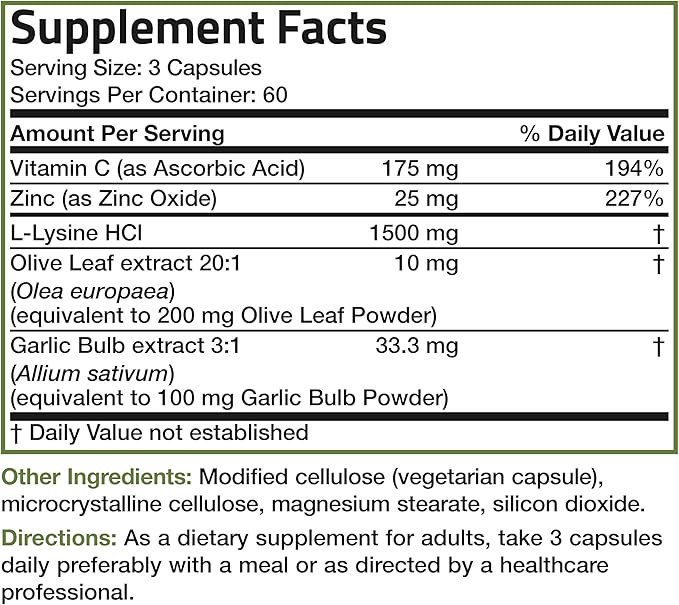 Bronson L-Lysine Defense Immune Support Complex 1500 MG L-Lysine Plus Olive Leaf, Garlic, Vitamin C and Zinc - Non-GMO, 180 Vegetarian Capsules