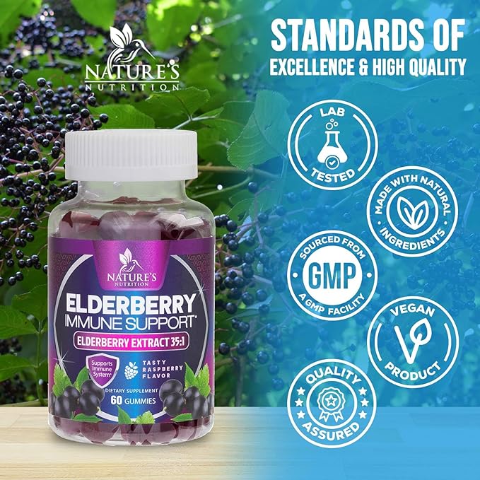 Elderberry Immune Support Gummies - Super Concentrated 35:1 Extract, Equivalent to 4200mg of Elderberries - Sambucus Black Elder Berry Vitamin Supplement, Daily Support for Kids & Adults - 60 Gummies