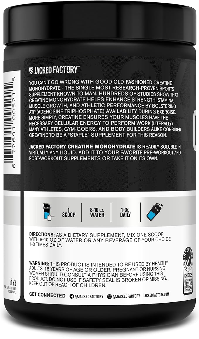 Jacked Factory Flavored Creatine Monohydrate Powder 425g - Creatine Supplement for Muscle Growth, Increased Strength, Enhanced Energy, & Improved Athletic Performance - 85 Servings, Blue Raspberry