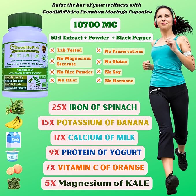 Premium Moringa Capsules. with Black Pepper from Handpicked Moringa Leaves with 50:1 Extract & Moringa Powder for Overall Wellness 90ct AllNatural NonGMO Lab-Tested No Rice Powder No Filler Vegan