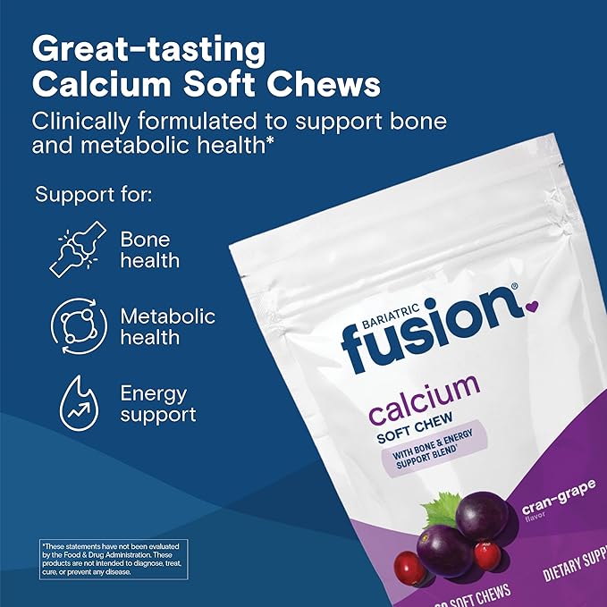 Bariatric Fusion Bariatric Calcium Supplement Chews | Calcium Citrate with Vitamin D3 Bariatric Vitamin | Sugar Free Chewable |500mg |Cranberry Grape | 60 Count