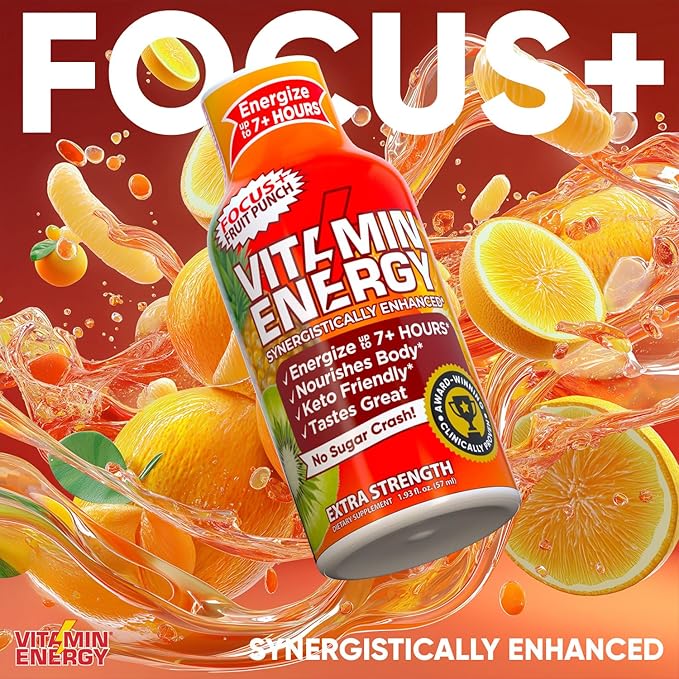 Vitamin Energy Focus+ Extra Strength Energy Shot Fruit Punch 48 Pack, 260mg Natural Caffeine, B-Vitamins, CoQ10, Amino Acids, Focus, Productivity & Clarity, Zero Sugar, Gluten-Free, 1.93 fl oz