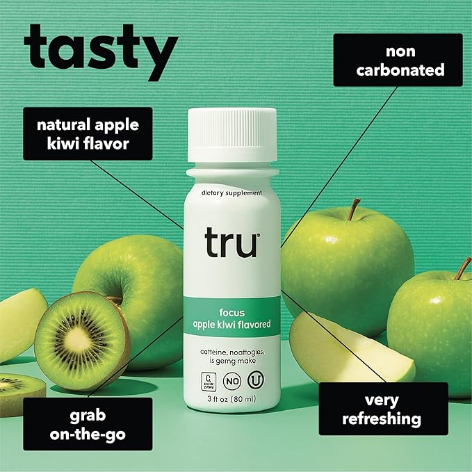 Tru Focus Shot, Apple Kiwi Flavored Extra Strength Energy Shots - Zero Sugar Nootropic Drink plus Adaptogens, Choline, and Yerba Mate - Natural Caffeine, GF, Keto, Vegan Supplement, 2oz (Pack of 24)
