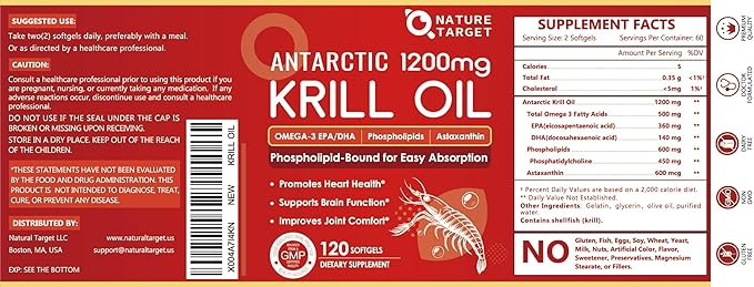 NATURE TARGET Krill Oil 1200mg with Omega-3 EPA & DHA with Astaxanthin, Phospholipids & Choline - Supports Heart, Brain, Join Health, Non-GMO, Gluten Free, 120 Softgels (60 Servings)