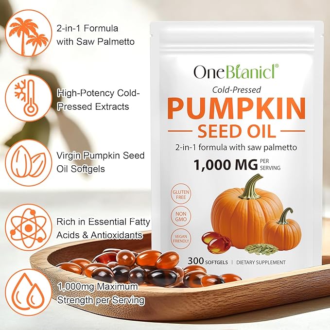 Pumpkin Seed Oil with Saw Palmetto, 2-in-1 Formula 300 Softgels, Cold Pressed, Pure Virgin Oil, Supports Hair, Urinary, Bladder & Prostate Health, Non-GMO