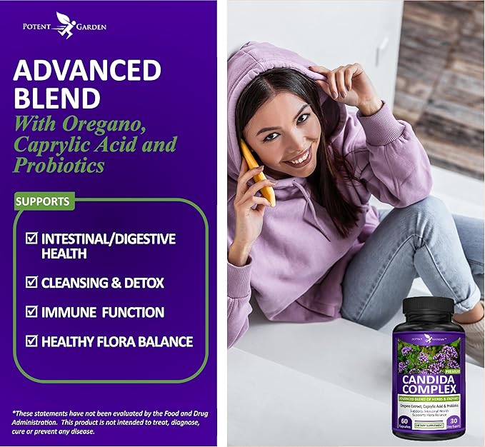 Potent Garden Candida Complex - Oregano and Caprylic Acid Blend, Gut Flora Balance Complex, Intestinal Health & Immune Support with Herbs & Probiotics, Gut Health Supplements for Women & Men 60 Count