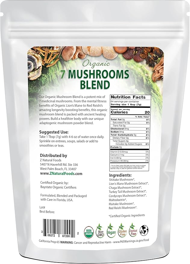 Z Natural Foods Organic 7 Sacred Mushrooms Blend - Mushroom Powder for Immune Health - Lionโs Mane, Cordyceps, Chaga, Red Reishi, Shiitake, Maitake & Turkey Tail Extract for Coffee, Smoothies, 1 lb