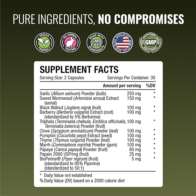 Approved Science Parastrin - 120 Capsules - Cleanse and Improve Gut Health - Black Walnut, Garlic Bulb, Papain 2000, BioPerine - Vegan
