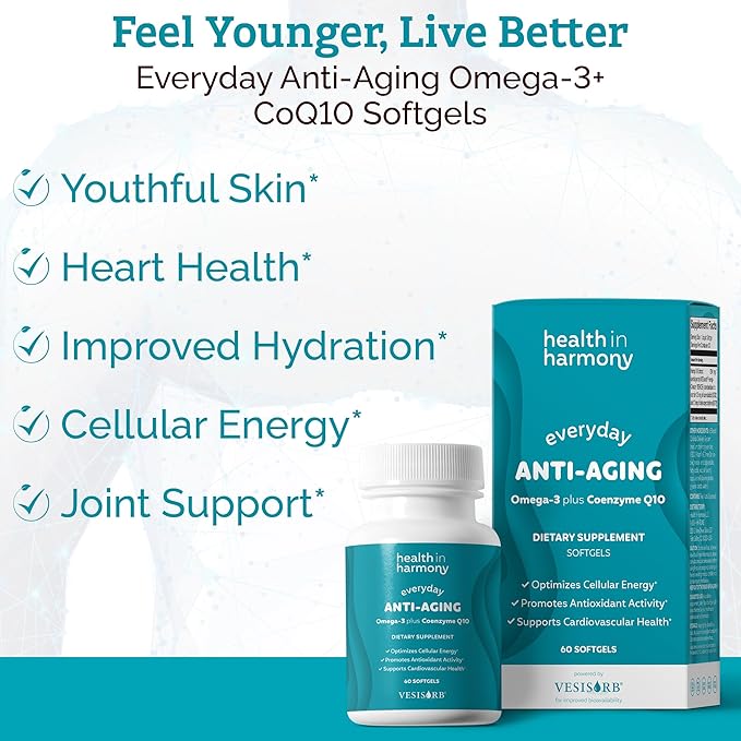 Everyday Anti-Aging Supplement - Omega 3 Fatty Acid Supplements + High Absorption Coq10 - Energy Supplements for Heart Health & Overall Vitality - Non GMO Softgels Powered by Vesisorb® (60 Ct)