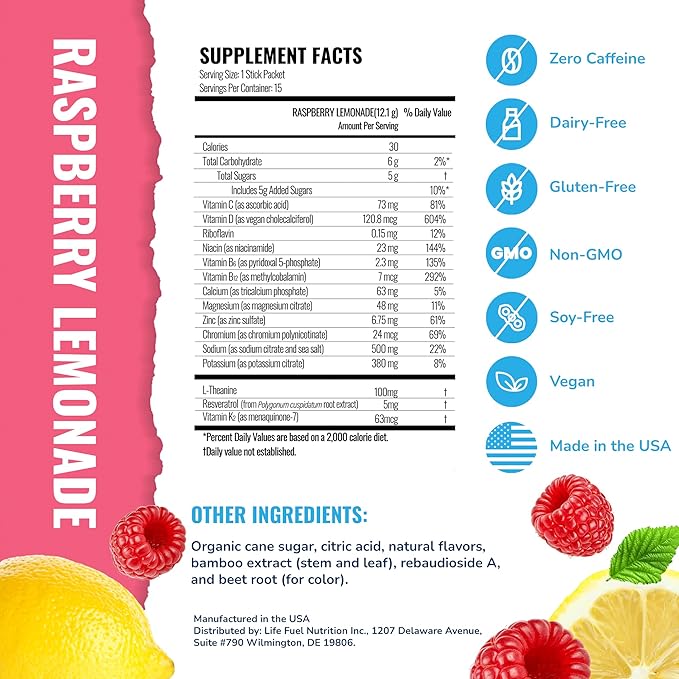 Electrolytes Powder Packets with 13 Essential Nutrients, Improve Energy & Focus, 100mg L-Theanine Nootropics, Non-GMO, Vegan, Gluten Free, Raspberry Lemonade Drink Mix, (15 Pack)