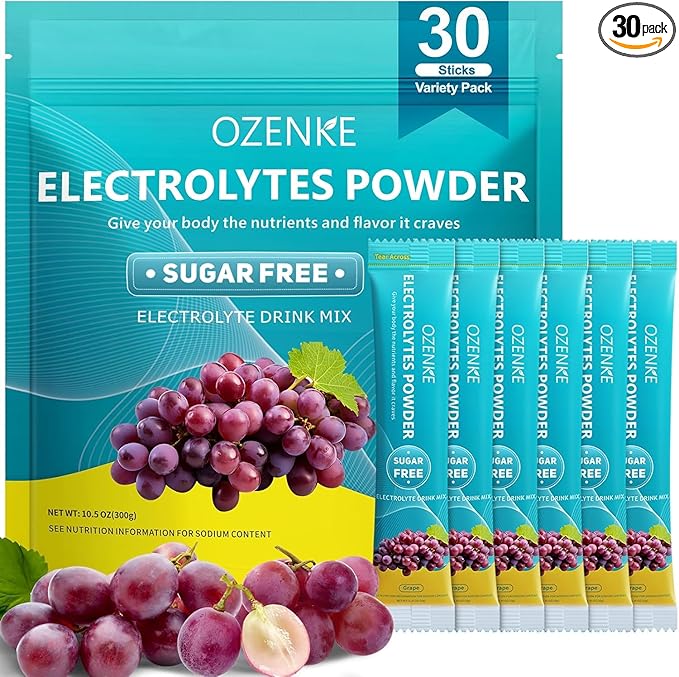 Electrolytes Powder Packets, 30 Sticks Hydration Packets Sugar Free, Electrolyte Drink Mix Portable Electrolyte Packets for Rapid Hydration, 0 Sugar & 0 Calorie, Grape Flavor