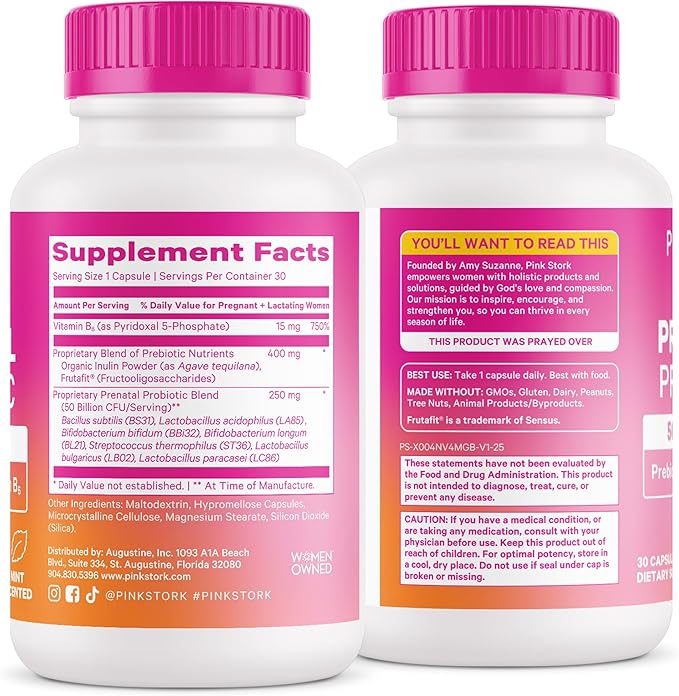 Pink Stork Prenatal Probiotics for Women - 50 Billion CFUs, Vitamin B6, Prebiotics, Morning Sickness, Gut Microbiome, Immune Support, Pregnancy Must Haves, Mint Essence - 30 Capsules