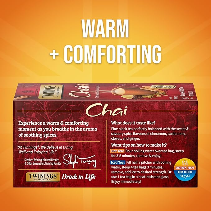 Twinings Chai Black Tea Individually Wrapped Bags, 25 Count (Pack of 6), Sweet, Savoury Spices, Caffeinated, Enjoy Hot or Iced, 150 Teabags