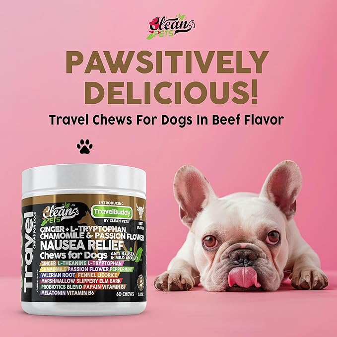 Travel Chews Nausea Relief for Dogs | Ginger L-Tryptophan Chamomile Passion Flower L-Theanine Peppermint Valerian Root Fennel Licorice Root Marshmallow Root Slippery Elm Melatonin Chew
