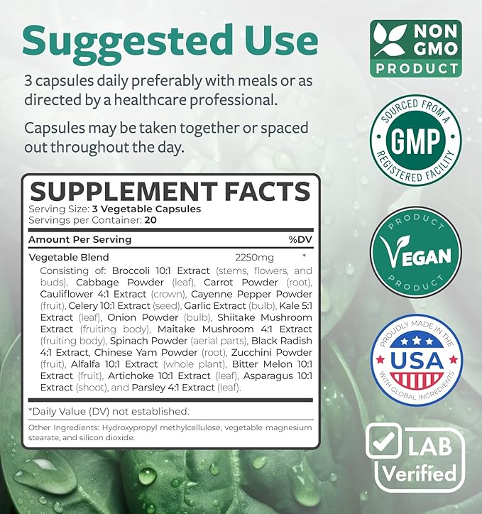Super Greens Antioxidants Superfoods 2250mg Supplement - 20 Ingredients with Sprouts, Mushrooms, Roots, Garlic, Bitter Melon, Artichoke, Celery Seed, Cayenne pepper, Alfalfa NON GMO - 60 Capsules