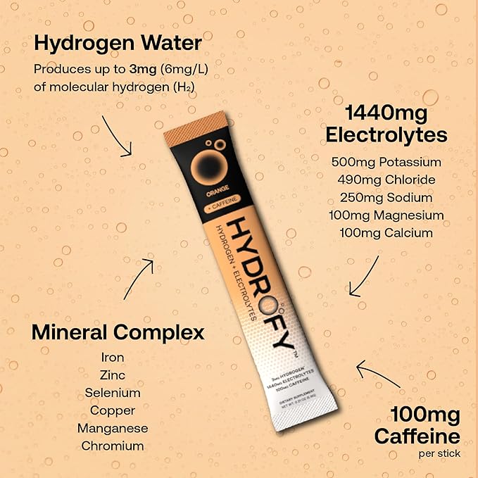Hydrogen Water + Electrolytes Drink Mix | H2 Hydration Packets with Molecular Hydrogen, Sodium, Potassium, Magnesium, Calcium, and Minerals | No Sugar | Orange + Caffeine 25 ct