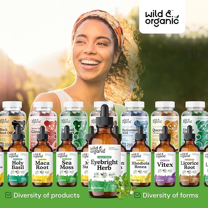 Wild & Organic Eyebright Herb Tincture - Vision Support with Euphrasia Extract - Dietary Eyebright Drops 500 mg - Vegan, Sugar & Alcohol-Free Liquid Supplement - 4 fl oz