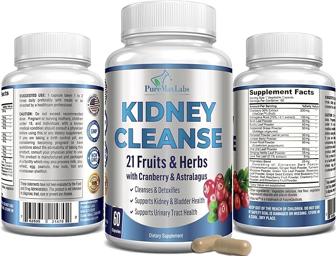 Herbal Kidney Cleanse with Cranberry Extract, Astralagus - 21 Fruits & Herbs - Detox & Cleanse Urinary Tract & Bladder Health, Kidney Support, 60 Vegan Capsules