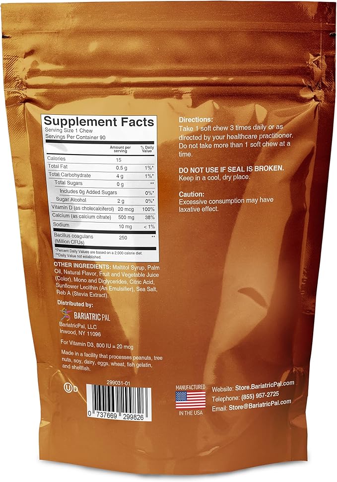 BariatricPal Sugar-Free Calcium Citrate Soft Chews 500mg with Probiotics (90 Count) - Piña Colada