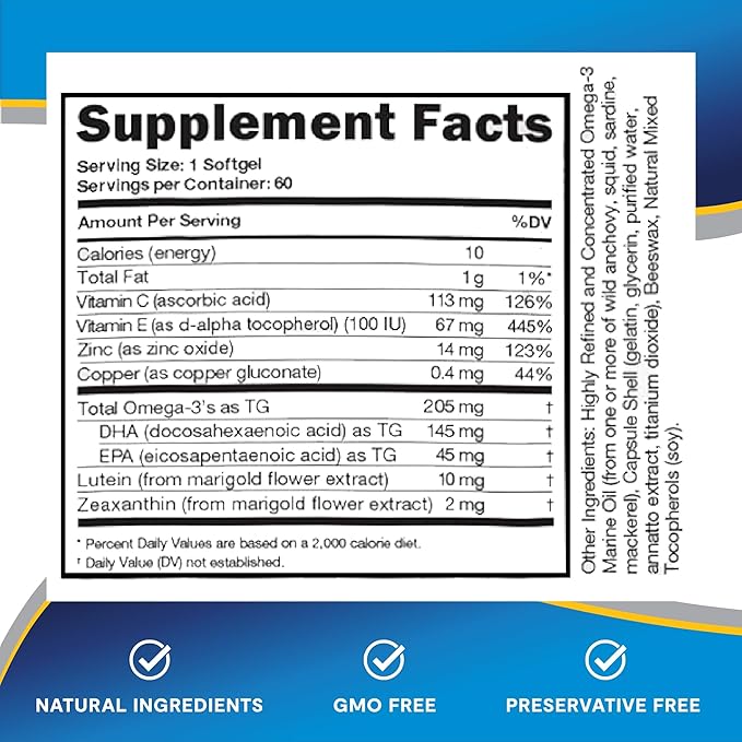 Eye Vitamin and Mineral Supplement with Zinc, Vitamins C & E, Omega 3, Lutein & Zeaxanthin - 60 Count