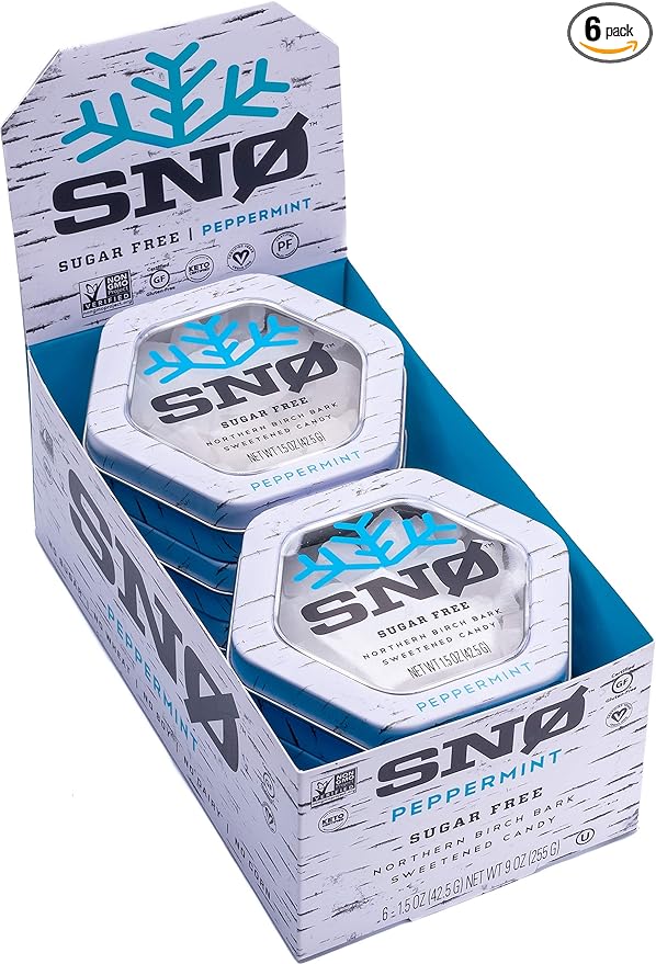 Peppermint KETO Xylitol Candy Chips (6-Pack) - SNØ 1.5oz Tin - Sugar-Free Candy With Only 2 Ingredients | Low Carbs, Diabetic-Friendly, Non-GMO, Vegan, GF & Kosher | Purest candy in the world