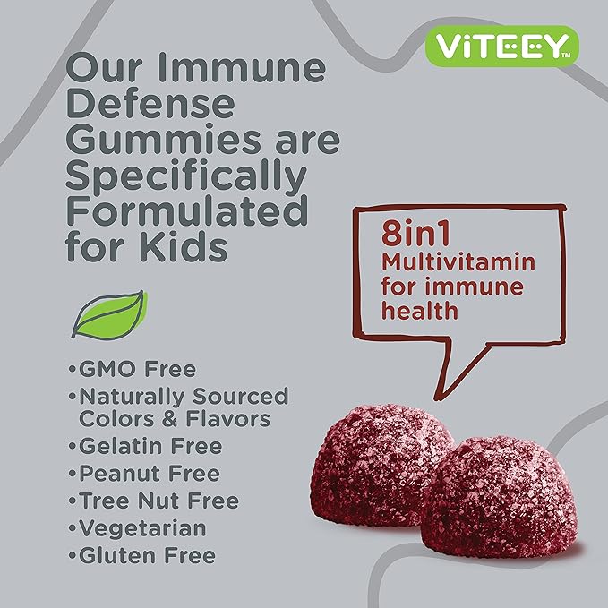 Viteey Kids Multivitamin Gummies with Probiotics - 8-1 Kids Vitamins for Immune Health Support with Vitamin C, D3, B12, B6, Zinc, Elderberry, Selenium - Vegetarian - Chewable Tasty Berry Flavored