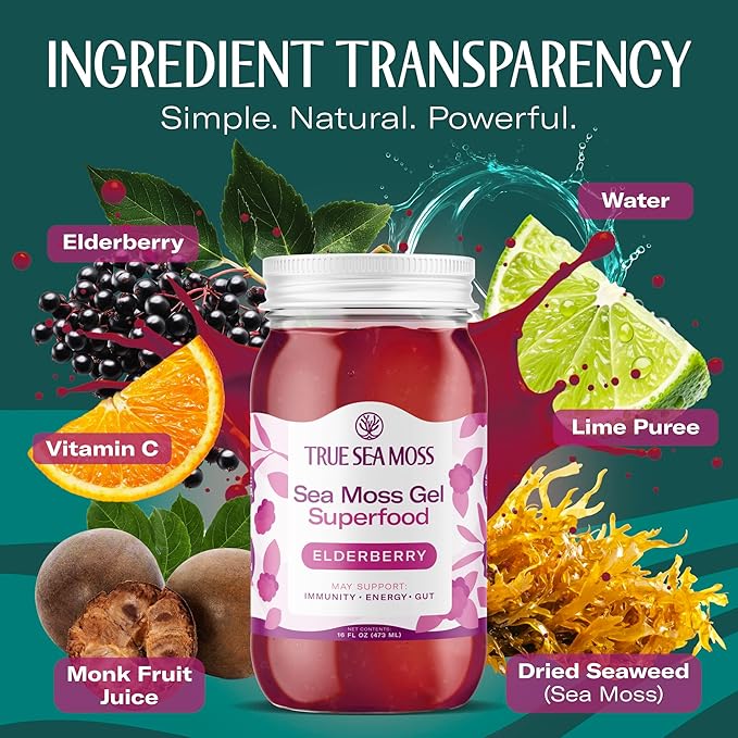 TrueSeaMoss Sea Moss Gel – Made in USA – Wildcrafted Seamoss, Fresh Fruits & Sea Vegetables – Elderberry, Pack of 1 (Labels may Vary)