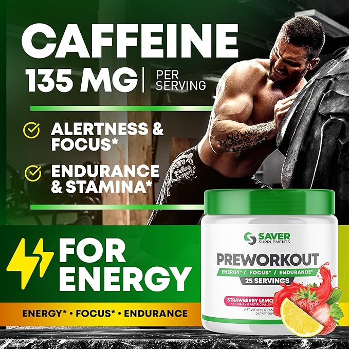 Pre Workout Powder with Beta Alanine, Creatine Monohydrate, BCAA, L Citrulline, L Arginine and Caffeine - Strawberry Lemonade Flavor - 25 Servings