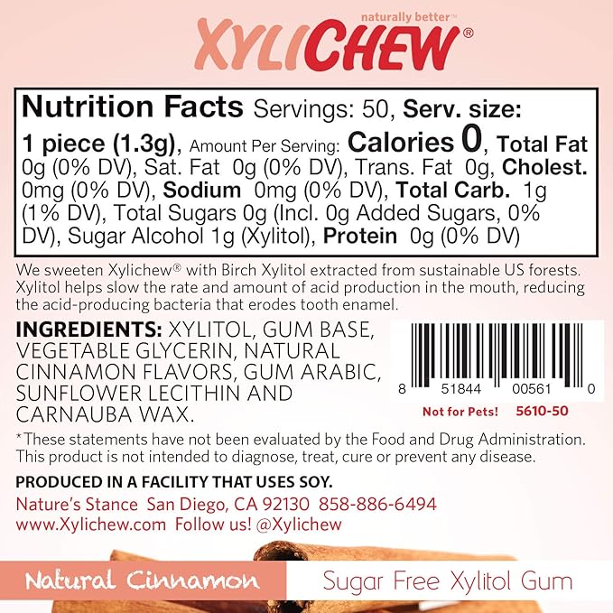 Xylichew 100% Xylitol Chewing Gum - Non GMO, Non Aspartame, Gluten Free, and Sugar Free Gum - Natural Oral Care, Relieves Bad Breath and Dry Mouth - Cinnamon, 50 Count